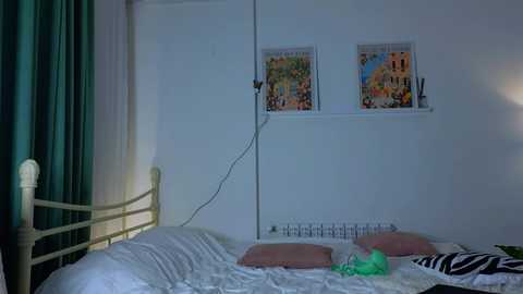 A video of a cozy bedroom with a beige metal bed frame, white bedding, zebra-patterned pillow, teal curtains, and two framed posters on the wall.