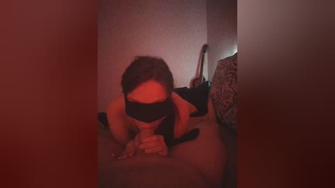 Video of a woman in a black blindfold, kneeling, performing oral sex on a man, dimly lit room with red lighting, guitar in the background.