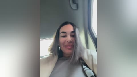 Media: Video of a young woman with light skin, shoulder-length blonde hair, and brown eyes, smiling, wearing a light gray sweater, sitting in a car. The background shows a window and a gray interior.