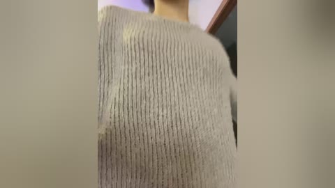 Media: A video showing the upper torso of a person wearing a textured, beige, ribbed sweater. The background is blurry, featuring indoor elements like a door frame and wall. The image is slightly out of focus.