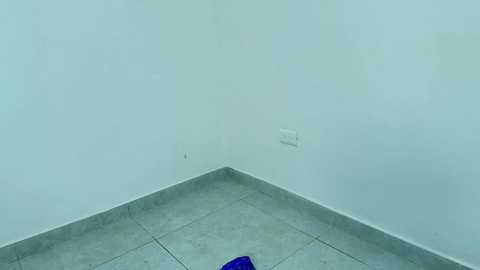Media: A video of a minimalist room corner with a white wall, gray tiled floor, and a blue cloth lying on the ground, featuring a single white electrical outlet. The scene is sparsely furnished and devoid of decorations.
