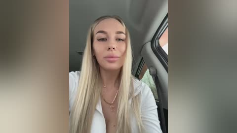 Video of a young, light-skinned woman with long blonde hair, wearing a white hoodie, seated in a car. She has a neutral expression and is partially obscured by the car's interior.