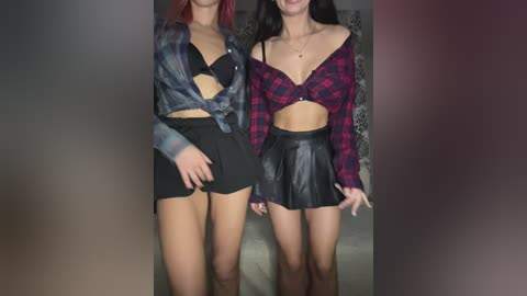 Video of two young women, one with light skin and red hair, the other with medium skin and dark hair, wearing plaid crop tops and black shorts, standing closely together.