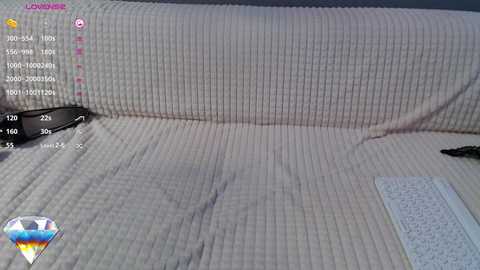 Video of a beige, textured sofa with a white pillow and a partially visible book. The scene includes a virtual overlay with a diamond-shaped logo and text indicating \"Low Energy\" and \"Snooze Mode.\