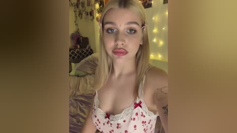 A video of a young, blonde woman with pale skin and blue eyes, wearing a white lace bra with red hearts, in a cozy, dimly lit bedroom with fairy lights and a bed.