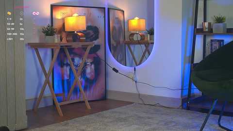 Video of a modern living room with a wooden side table, two potted plants, and a large, colorful abstract painting behind a decorative screen.