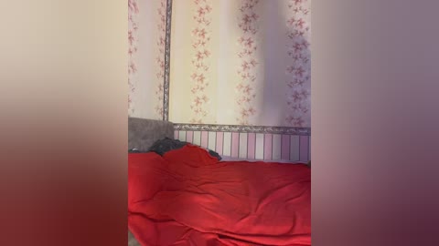 Media: Video of a small, cluttered bedroom with a red bedspread, gray pillows, and a wallpapered wall featuring a floral pattern. The room's lighting is dim, creating a warm, slightly eerie atmosphere.