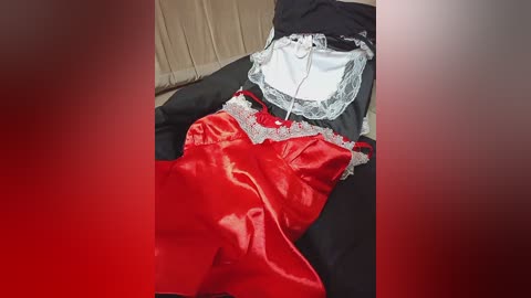 Media: A video of a woman wearing a black maid outfit with a white apron and lace trim, paired with a bright red satin robe, sitting against a beige, vertically striped wall.