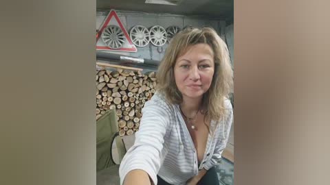 Media: Video of a middle-aged Caucasian woman with shoulder-length blonde hair, wearing a striped top, smiling, in a cluttered garage with a woodpile, warning signs, and car parts in the background.