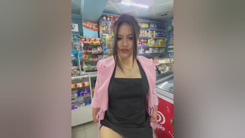 Media: Video of a woman with medium skin tone, wearing a pink blazer over a black top and a white apron, standing in a brightly lit supermarket aisle.