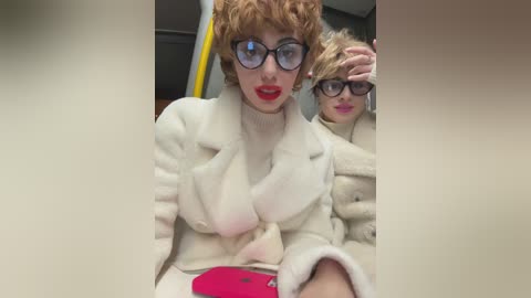 Media: Video of a woman with short, curly red hair, wearing oversized glasses, a cream-colored fur coat, and bright red lipstick, seated in a public setting.
