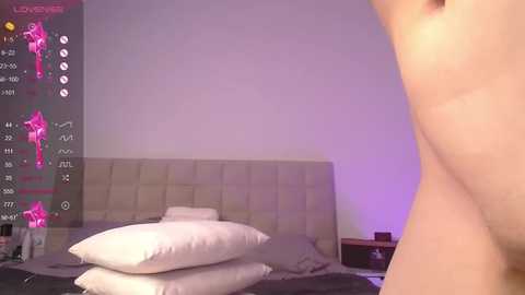 Media: Video of a nude person, likely female, standing in a bedroom with a white, tufted headboard and a purple accent light. The image features a virtual reality overlay with a pink cat and text.