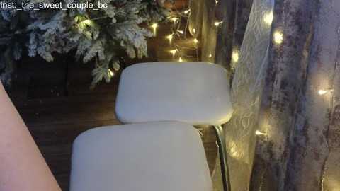 Media: Video of a cozy, dimly lit outdoor space with two white, cushioned chairs next to a snow-covered tree adorned with warm, string lights.