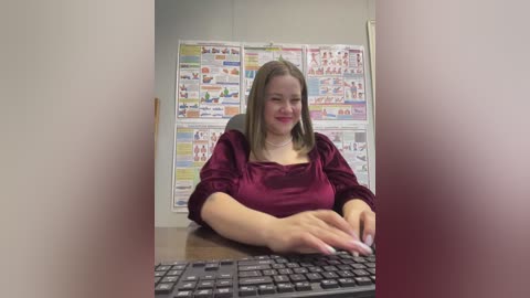 Video of a smiling, light-skinned woman with shoulder-length brown hair, wearing a maroon blouse, sitting at a desk in a classroom with colorful anatomical posters on the wall.