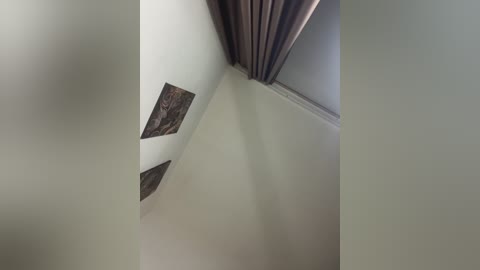 A video of a ceiling corner showing beige walls and a shadowy, dark wood paneling, with a small framed painting hanging from the corner. The image is taken from a low angle, emphasizing the ceiling's angles.