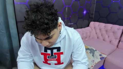 Media: Video of a young man with curly black hair, wearing a white hoodie with \"TONY HUFF\" in red and black, sitting on a pink tufted couch against a purple hexagonal wall backdrop.