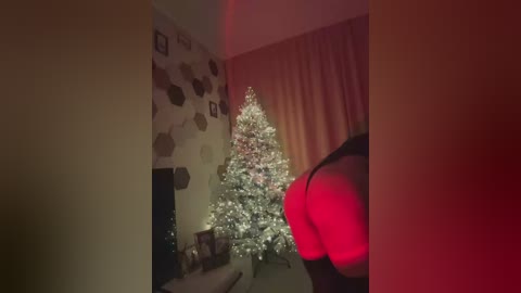 Video of a cozy living room with a decorated Christmas tree, soft lighting, and a partially visible woman in a red dress.