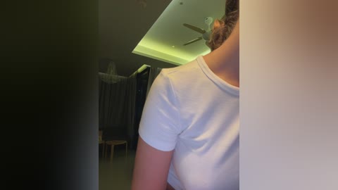 Media: Video of a woman in a white T-shirt, seen from behind, walking through a dimly lit, modern room with a ceiling fan, wooden chairs, and dark curtains.