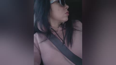 Media: Video of a woman in a pink coat with a grey seatbelt, wearing sunglasses and a necklace, looking contemplative in a dimly lit room.
