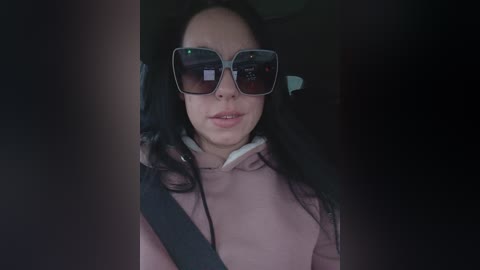 Video of a woman with long black hair, wearing large dark sunglasses, a black seatbelt, and a pink jacket, seated in a dimly lit car.