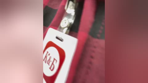 Video of a white name tag with red border and black letters \"KID\" attached to a pink and black plaid backpack.