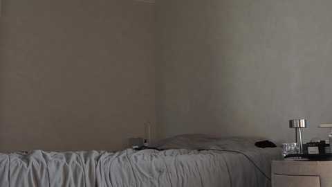 Media: A video of a dimly lit, sparsely furnished bedroom with a single bed covered in wrinkled gray sheets, a small round nightstand with a metallic lamp, and an empty space on the left wall.