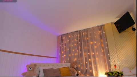 Media: Video of a cozy living room with a teddy bear, a tufted white sofa, beige curtains adorned with warm fairy lights, and a TV mounted on the wall.