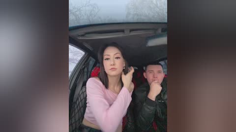 Media: Video of an Asian woman with long black hair, wearing a pink sweater, and an Asian man in a black jacket, both looking out a car window covered in snow, with bare trees in the background.