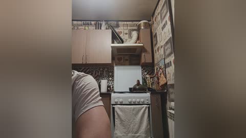 A video of a narrow, rustic kitchen with a person partially visible in a white shirt and dark pants. The kitchen has wooden cabinets, a stove, and a tiled backsplash.