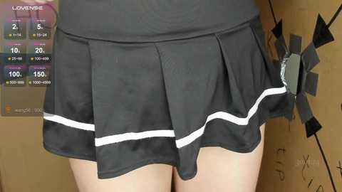 Media: Video of a close-up of a young person's lower body in a black pleated skirt with white trim, standing in front of a cardboard box with a dartboard partially visible.