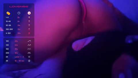 A dimly lit video of a woman's bare buttocks, covered in purple light, with a \"Lovesense\" app interface in the background displaying temperature and vibration settings.