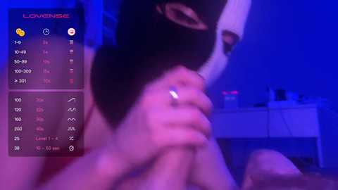 A blurry video with a purple-blue hue, showing a person with a black mask, holding hands, and an overlay with a stats bar on the left.