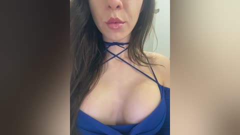 Media: Video of a light-skinned woman with long brown hair, wearing a blue dress with a plunging neckline revealing ample cleavage. She has full lips and a closed-mouth expression. The background is blurred.
