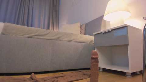 A video of a modern bedroom with a large, light gray sofa, white pillows, and a wooden nightstand with a lamp, featuring a realistic wooden penis on the floor.