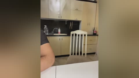 Media: A video shows a small, tidy kitchen with light wood cabinets, a white highchair, and a person's arm visible in the foreground.