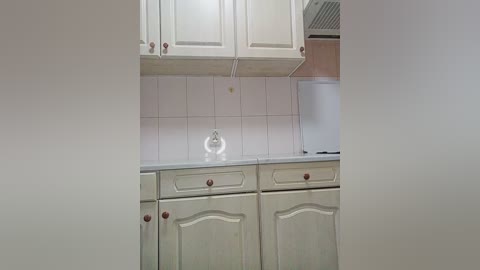 Media: A video of a small, minimalistic kitchen with white cabinets and drawers, a white tiled backsplash, and a white countertop. The image is taken from a low angle, framing the cabinets and countertop.
