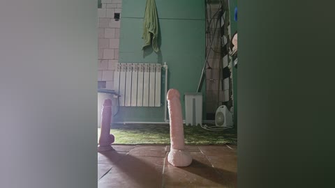 A video of a small, cluttered room with a large, realistic pink dildo standing on a wooden floor, green walls, a radiator, a ladder, and various objects scattered around.