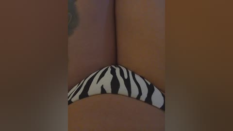 A video of a woman's thighs, wearing black and white zebra-patterned bikini bottoms, with a visible tattoo on her left thigh. The background is blurred, focusing on the close-up of her lower body.