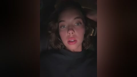 Media: Video of a woman with fair skin, wavy brown hair, and green eyes, looking slightly worried. She wears a dark shirt and is framed by dark, blurry surroundings.