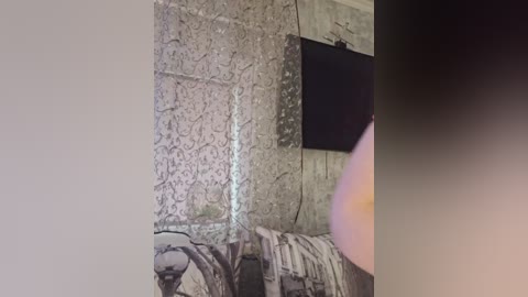 A video of a room with a patterned wall, a bed covered in clothes, a flat-screen TV, and a blurred person in the foreground.