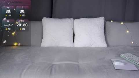 Video of a modern, minimalist bedroom featuring a plush, white bed with two large, fluffy pillows against a gray headboard. The room is softly lit with string lights and a white laptop rests on the bed.