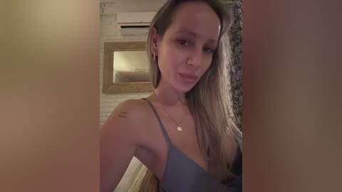Media: Video of a young woman with long blonde hair, wearing a low-cut, gray spaghetti-strap top, standing in a dimly-lit room with a framed mirror and white brick wall in the background.