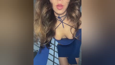 Media: Video of a woman with wavy brown hair, wearing a revealing, off-shoulder blue dress with a thin choker, posing in a room with white tiles.