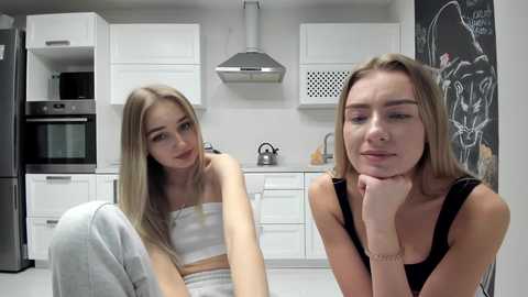 Media: Video of two blonde, fair-skinned women in a modern kitchen. One wears a striped top, the other a black tank. White cabinets, stainless steel appliances, and a chalkboard wall with drawings in the background.