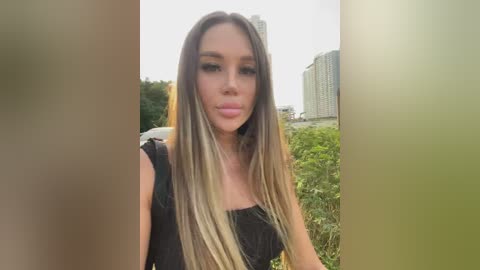 Media: Video of a young woman with long, straight, blonde hair, wearing a black sleeveless top, standing in front of a blurred urban background with greenery and buildings.