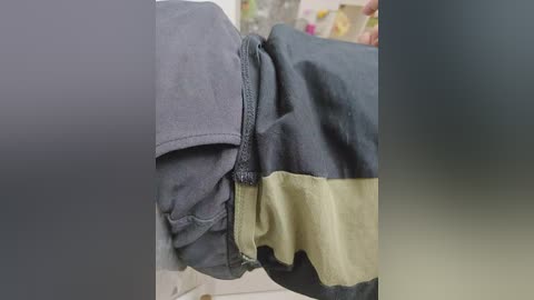 Video of a person's midsection wearing a dark gray shirt with a horizontal green stripe, showing a wrinkled texture and a slightly loose fit. Background is blurred and indistinct.