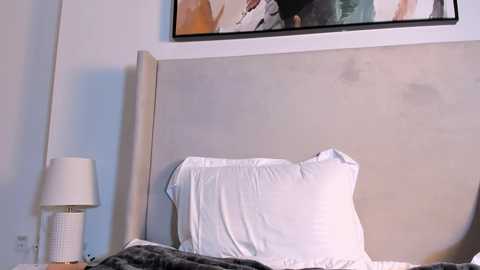 Video of a modern bedroom featuring a beige upholstered headboard, white pillows, and a gray blanket. A white lamp sits on the left bedside table. An abstract painting hangs above the bed.