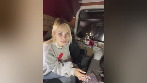 Media: Video of a blonde woman in a gray sweatshirt, seated in a van's passenger seat, surrounded by clutter, including a bottle of liquor on the dashboard.