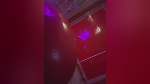 Media: A video of a dimly lit, red-painted room with a glossy surface, featuring a prominent purple light in the background, creating a moody, intimate atmosphere.