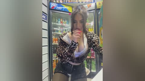 Media: Video of a Latina woman with fair skin and long brown hair, wearing a leopard-print jacket over a low-cut white top, eating a hot dog in a brightly lit convenience store.